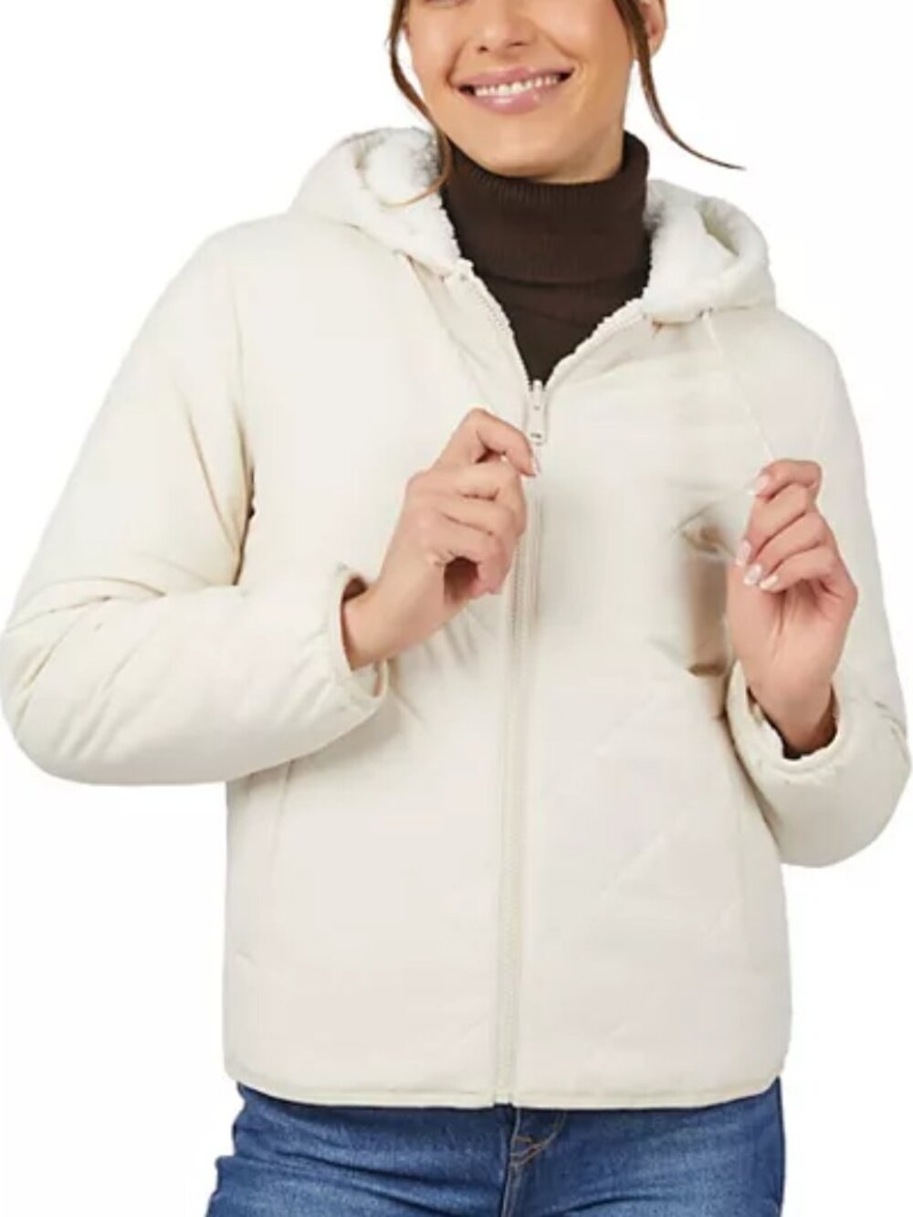 Free Country Women's Hooded Cirrus Quilted Reversible Jacket, Color: Oat, XL